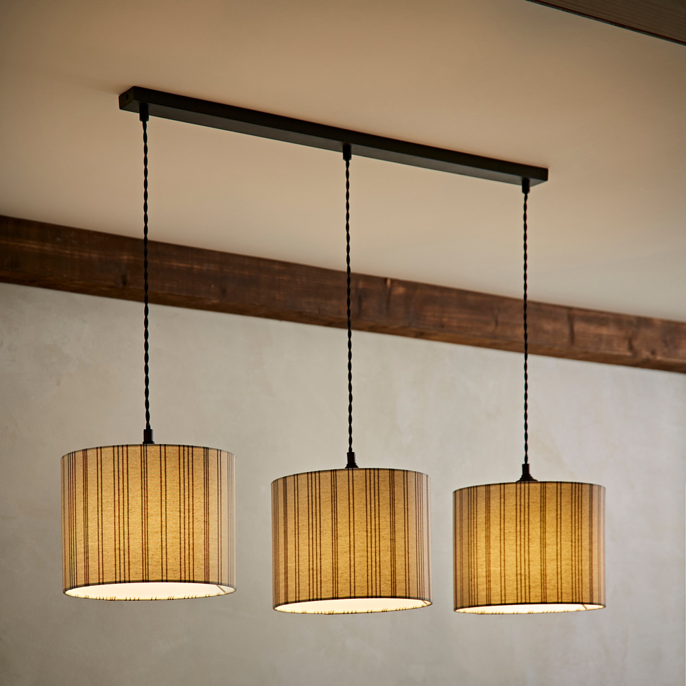ValueLights Hallie Linen Stripe Drum Shade 3 Drop Black Diner LED Ceiling Pendant Light Image 2