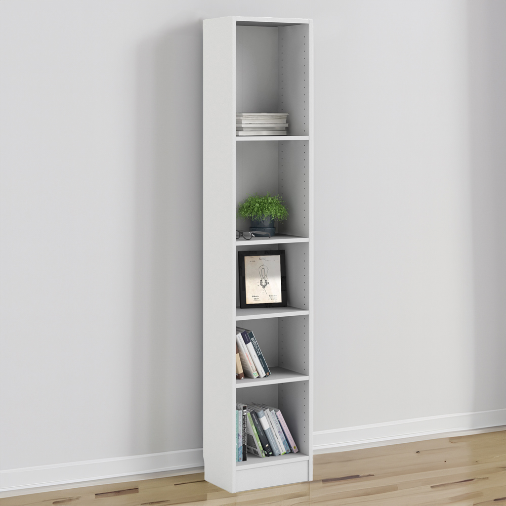 Florence Basic 4 Shelf White Narrow Tall Bookcase Image 1