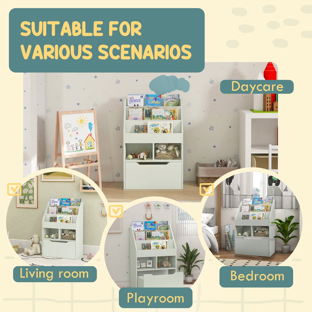 HOMCOM 3 Shelf Single Drawer Green Kids Bookcase Image 7