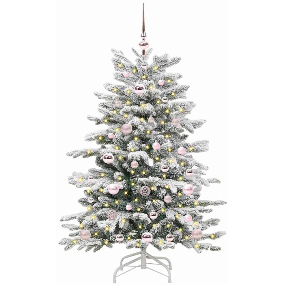 vidaXL Pre-Lit Pink Baubles White Artificial Snow Flocked Christmas Tree 4ft Image 1