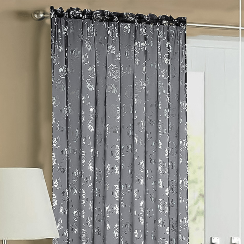 Velosso Geneva Black Foil Flower Voile Panel Curtain 150 x 137cm Image 2