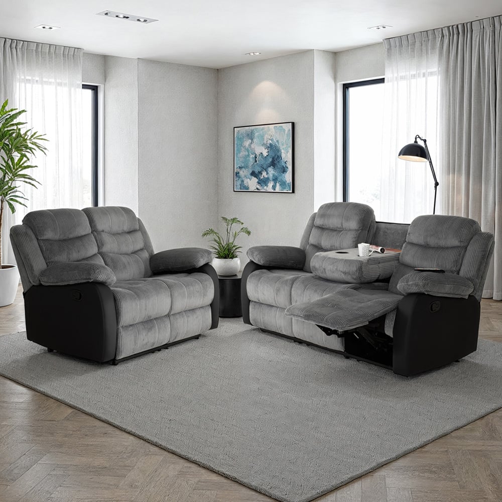 Seconique Roma 5 Seater Grey Cord Fabric and Black PU Sofa Set Image 1