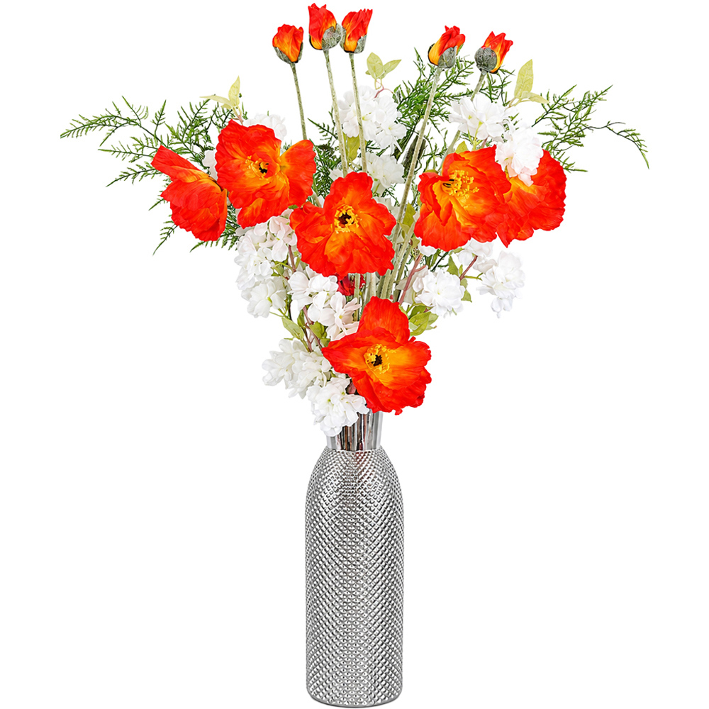 Leaf Poppy and White Blossom Artificial Flower Bundle with Glass Vase 100cm 11 Pack Image 1