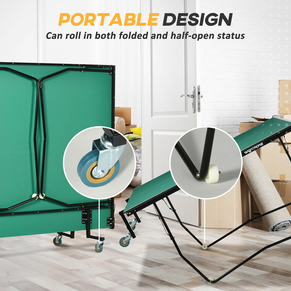 SPORTNOW Green Foldable Indoor Tennis Table Set with 8 Wheels Image 5