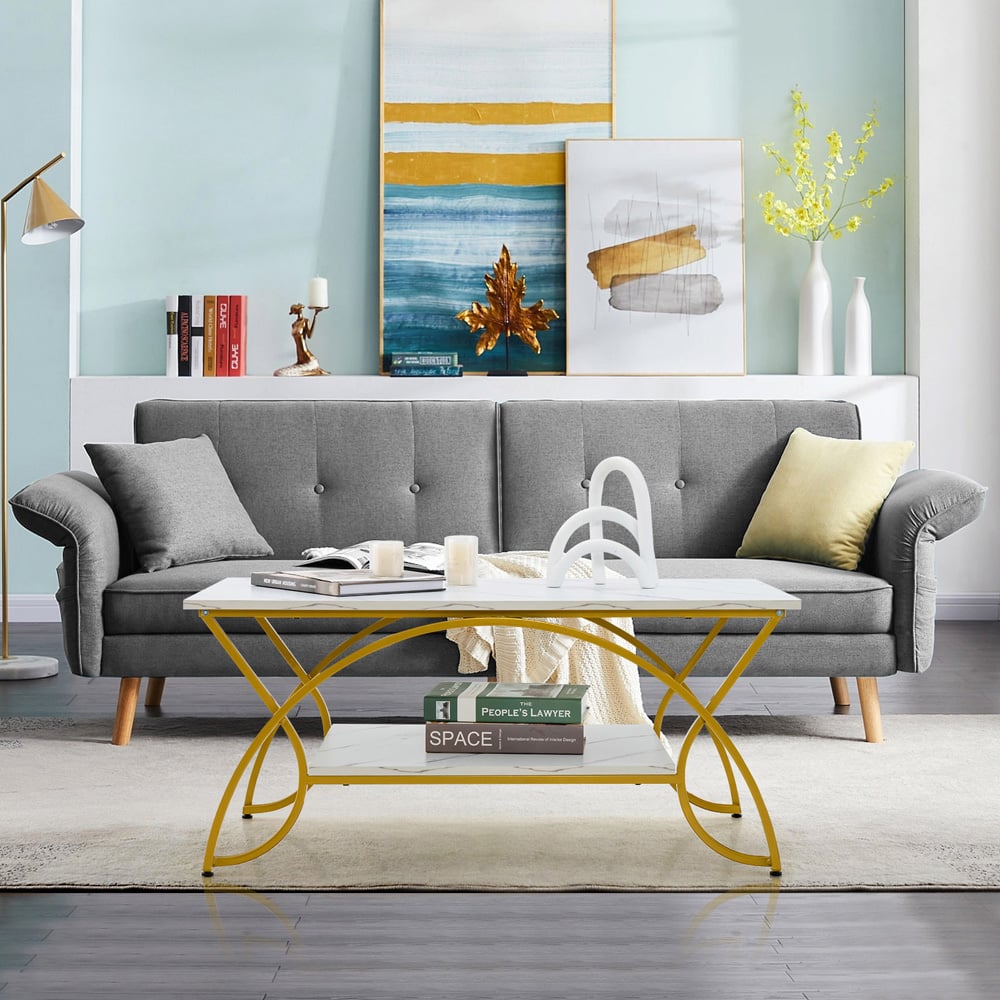 Costway Single Shelf White Faux Marble Coffee Table with Golden Metal Frame Image 4