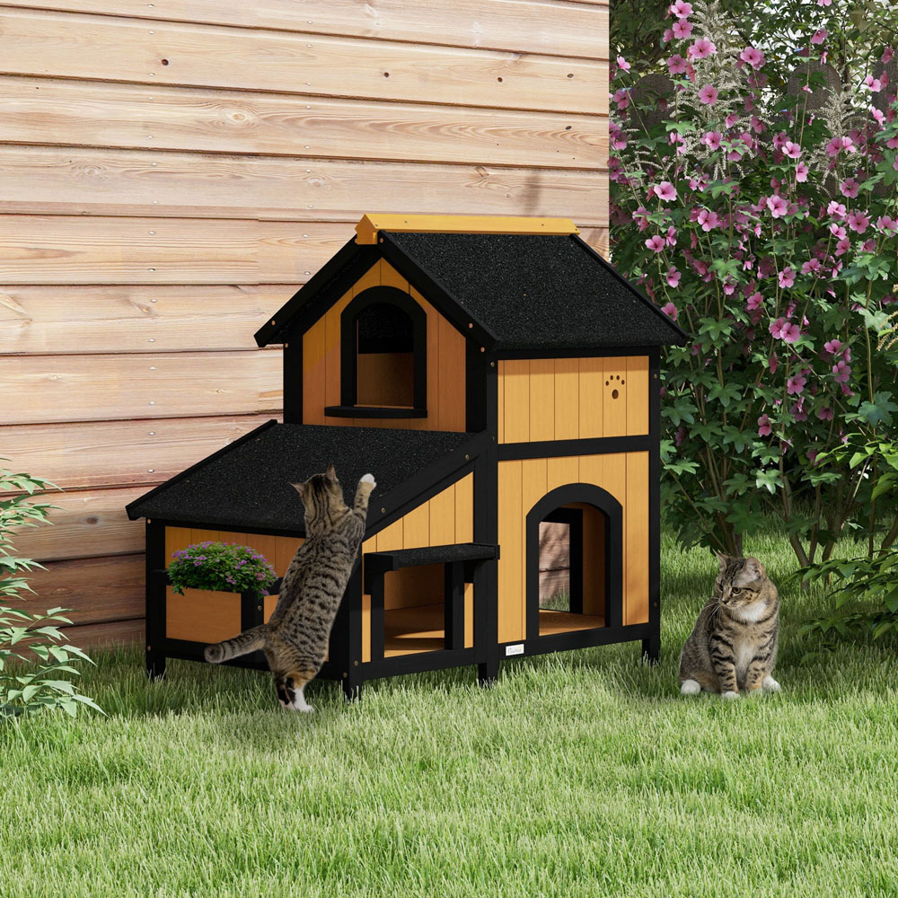 PawHut 85.5 x 96cm Yellow Wooden Outdoor Cat House with Flower Pot Image 2