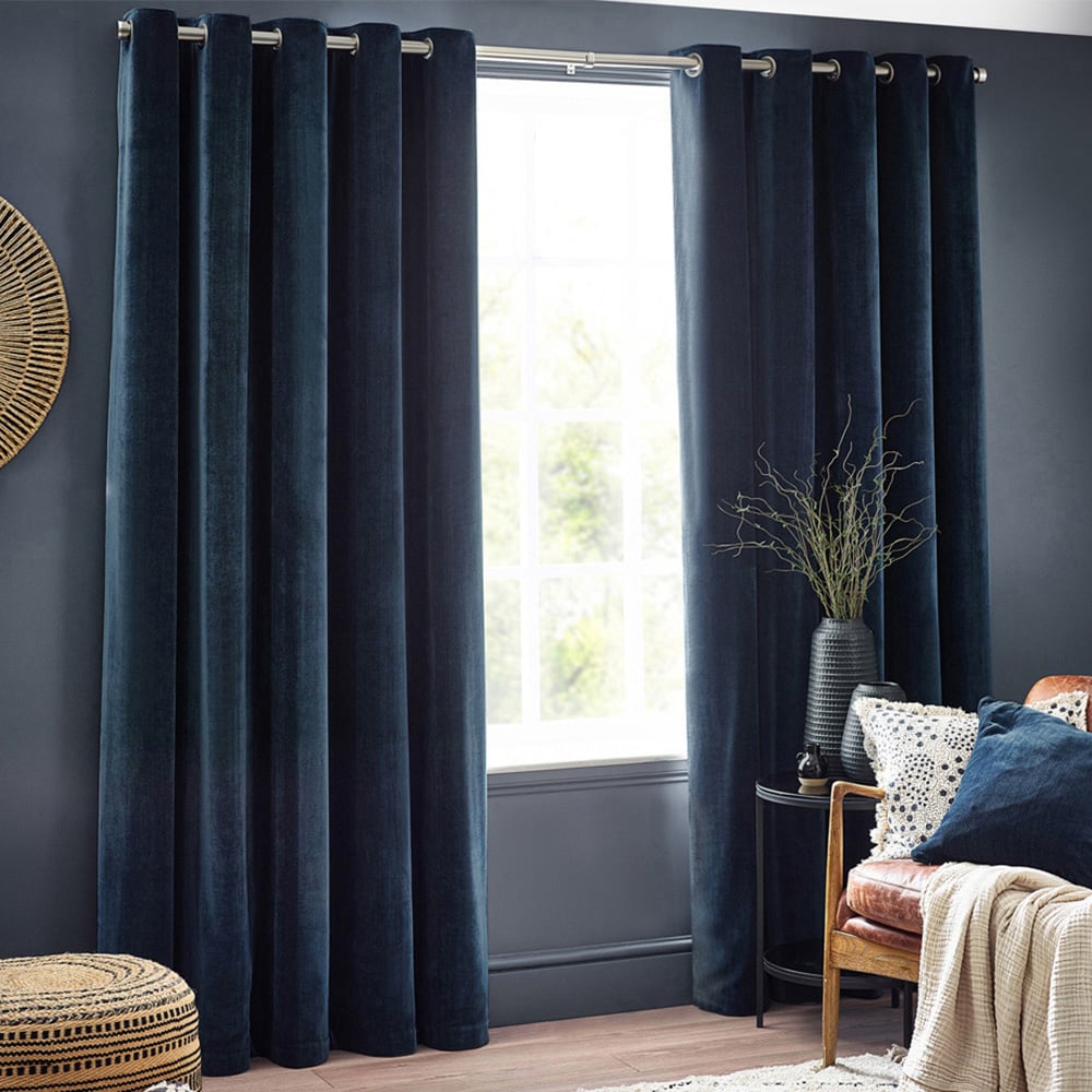 Yard Navy Heavy Chenille Velvet Eyelet Curtain 229 x 137cm Image 1
