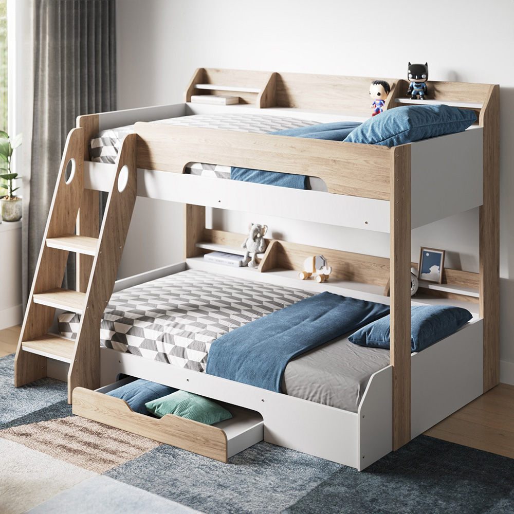 Flair Flick Triple Sleeper Oak Single Drawer Wooden Bunk Bed with Shelves Image 1