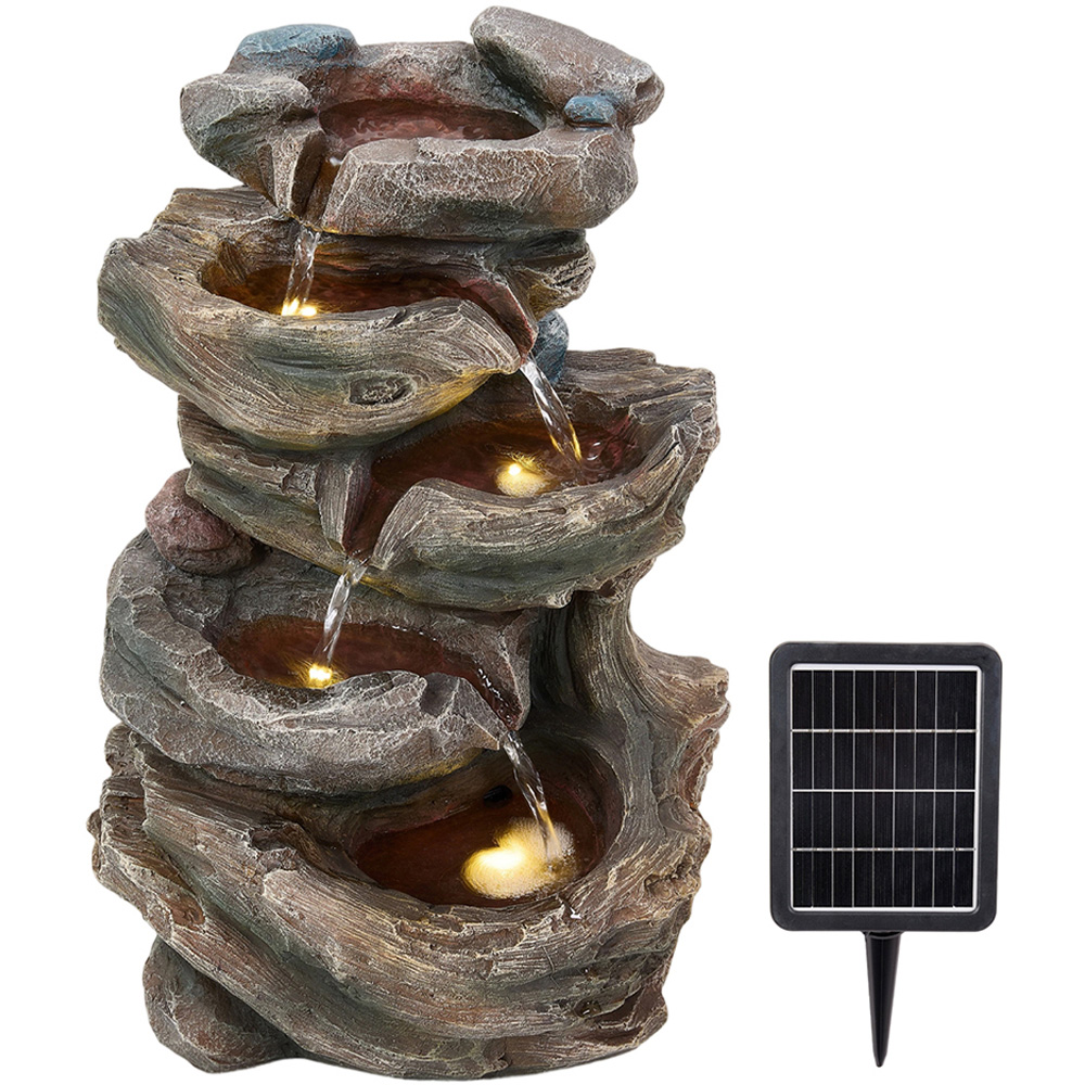 Living and Home 5-Tier Tiered Log Wood and Rock Effect Solar LED Water Feature Image 1