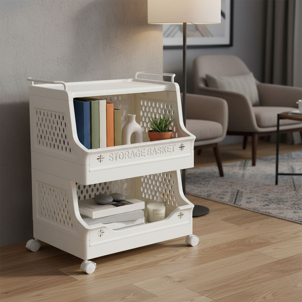 Living and Home 3-Tier White Foldable Plastic Storage Trolley Cart with Handles Image 2