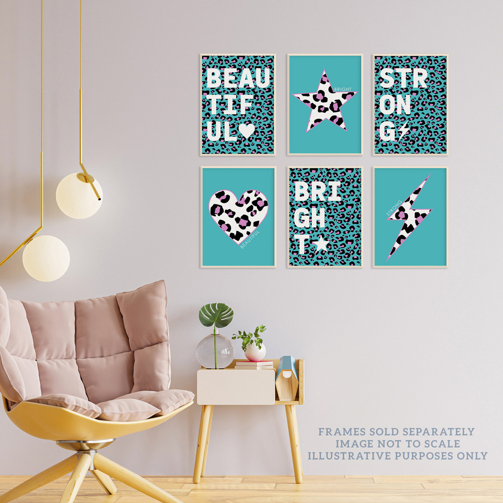 Wee Blue Coo Turquoise and Purple Leopard Pattern Bold Shapes Wall Art Print 30 x 41cm 6 Pack Image 3
