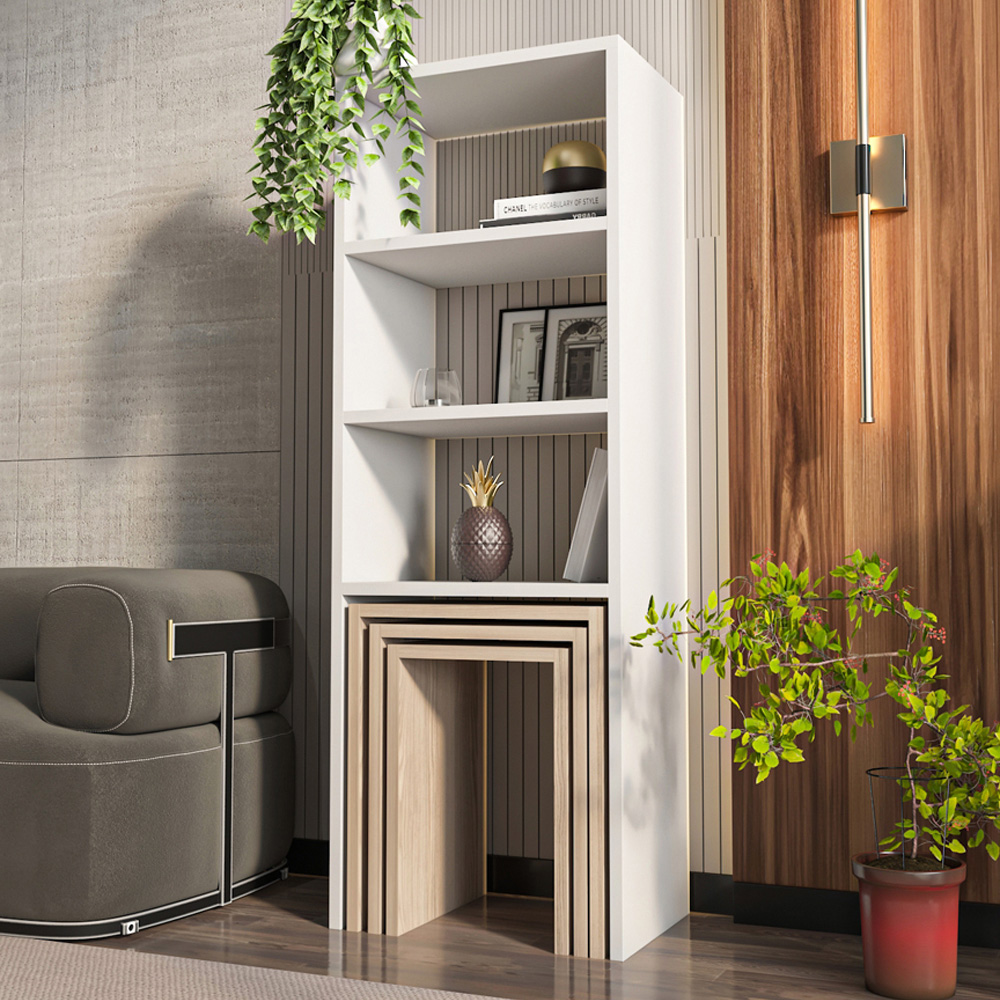 Decorotika Modern Melo 3 Shelf White Cordoba Bookcase with Nest of Tables Set of 3 Image 1