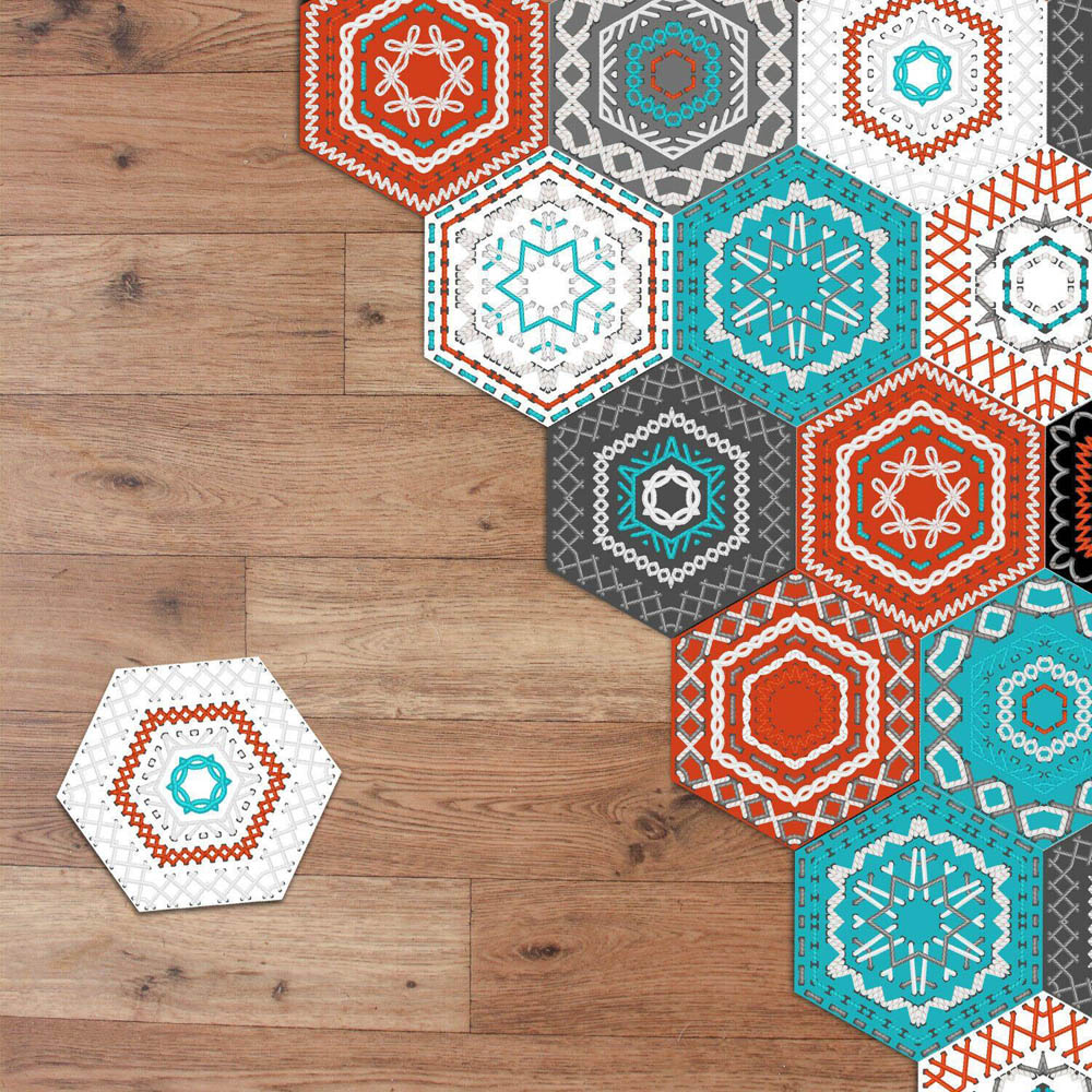 Walplus Stitches and Patches Hexagon Floor Tile Stickers 10 Pack Image 3