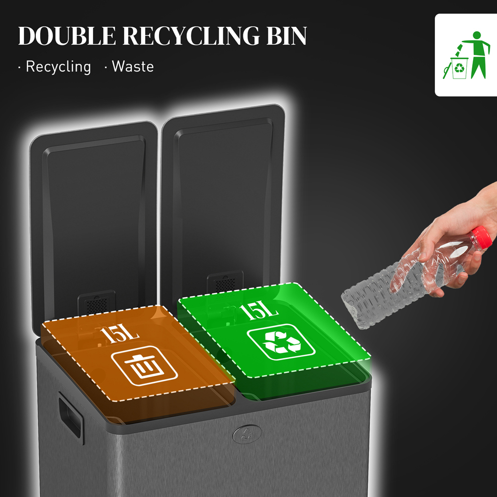 HOMCOM Dual Recycling Black Kitchen Pedal Bin 30L Image 4