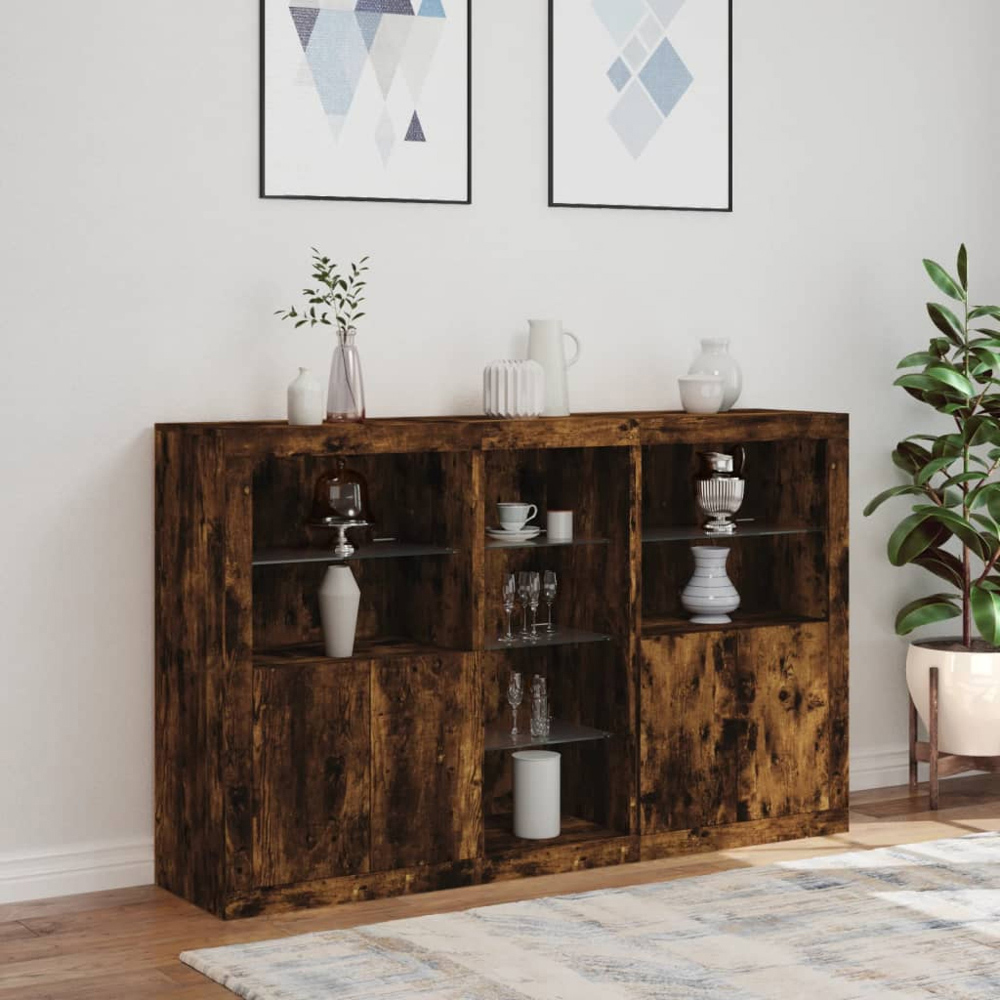 vidaXL 4 Door 8 Shelf Smoked Oak LED Sideboard 3 Piece Image 8
