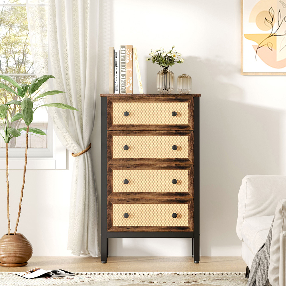 H&O Direct 4 Drawer Rattan Detailing Rustic Cabinet Image 5