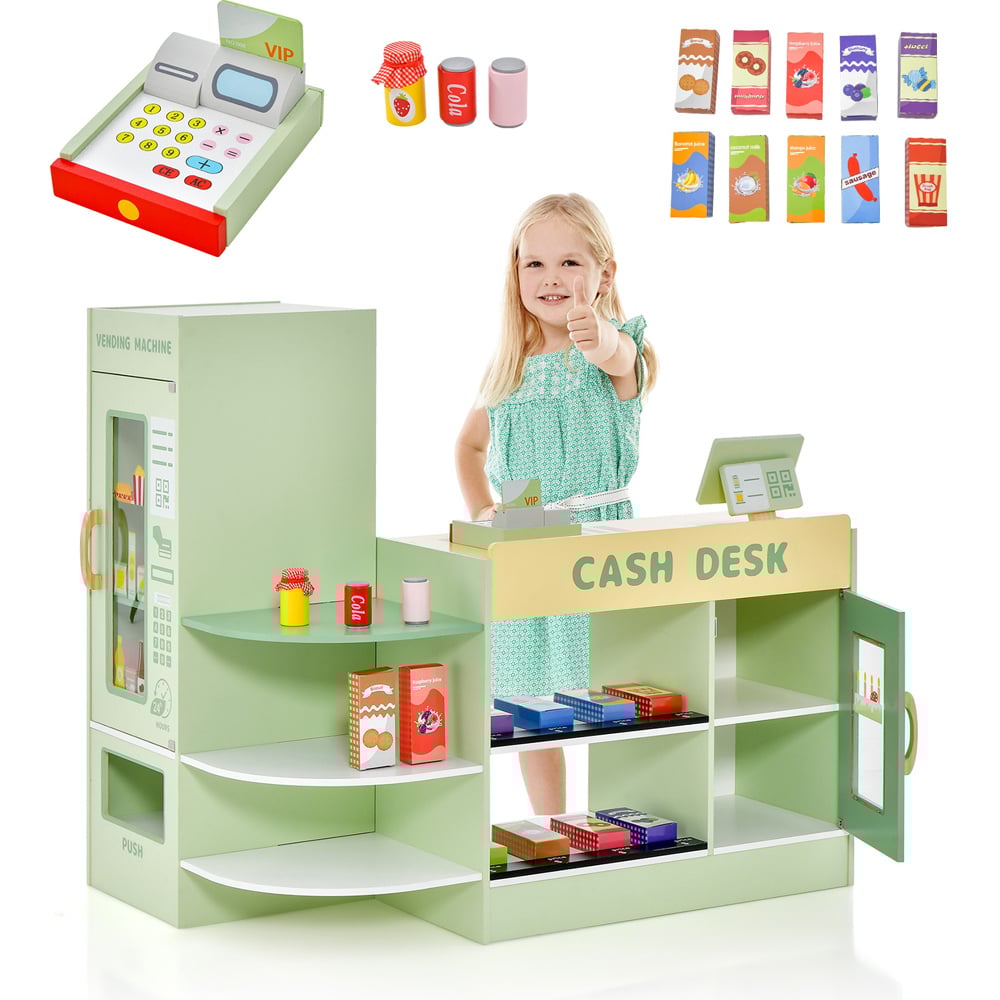 Costway Green Kids Wooden Grocery Store Supermarket Toy Set Image 3