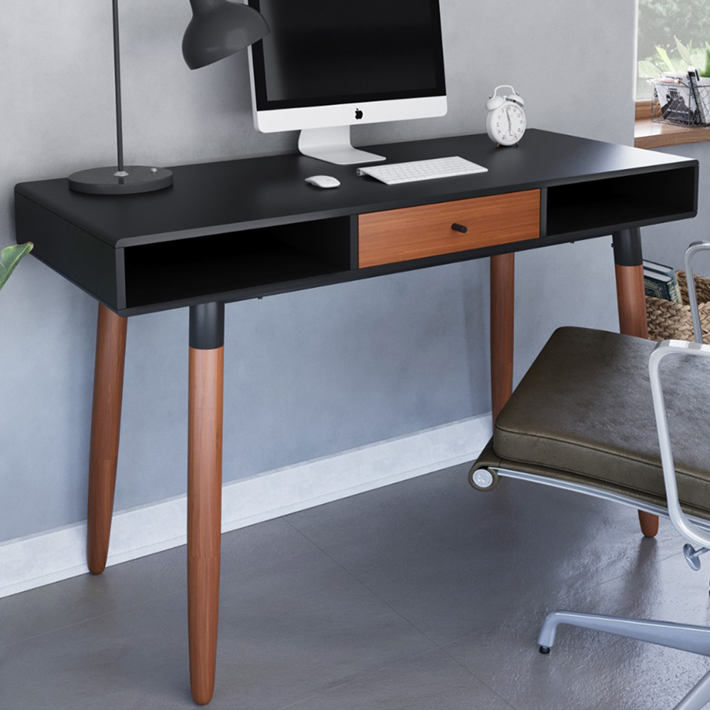 Flair Edelweiss Single Drawer 2 Shelve Desk Walnut and Black Image 1