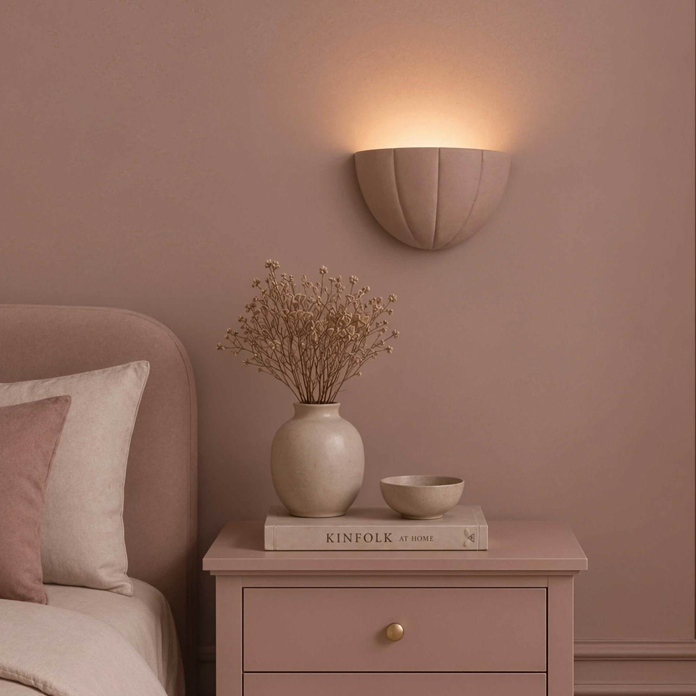 ValueLights Leonardo Dusky Pink Ceramic Scallop LED Flush Wall Light with Bulb Image 6