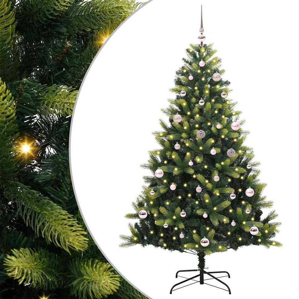 vidaXL Pre-Lit Pink Baubles Green Artificial Hinged Christmas Tree 5ft Image 2