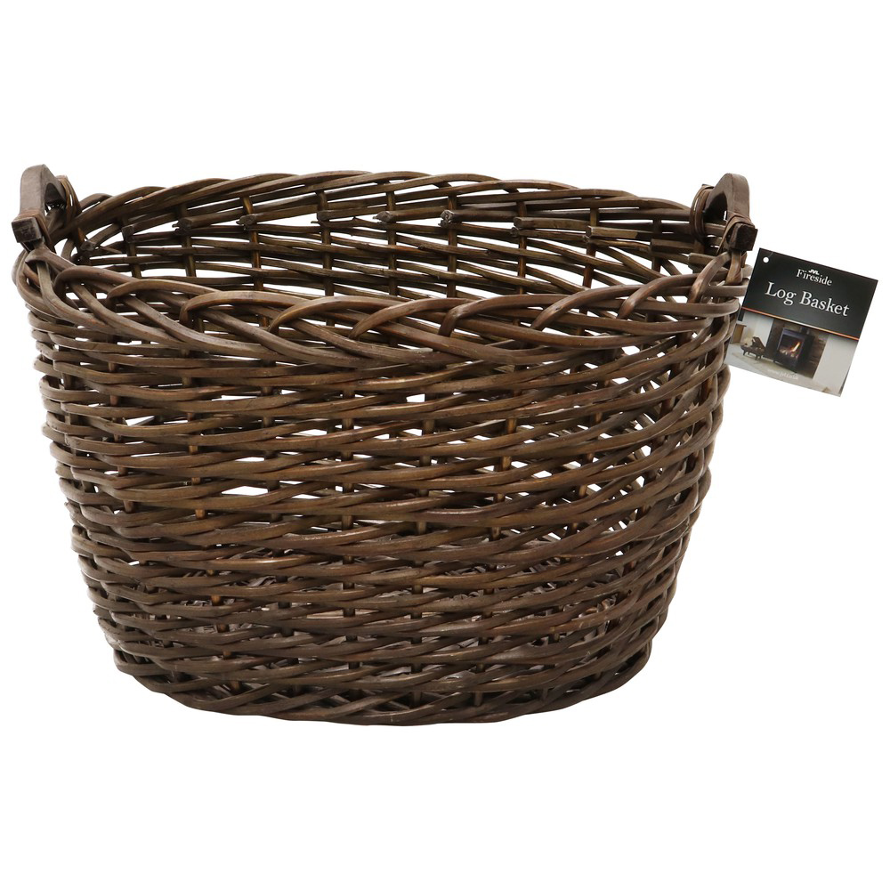 JVL Dark Willow Brown Log Basket with Metal Handles 36 x 55 x 47cm Image 2