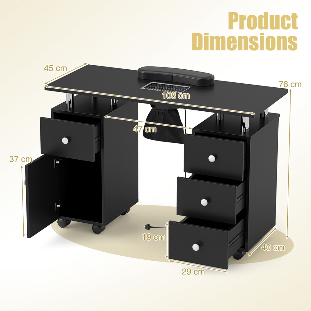 Costway Black Manicure Nail Table with Electric Dust Collector Image 9
