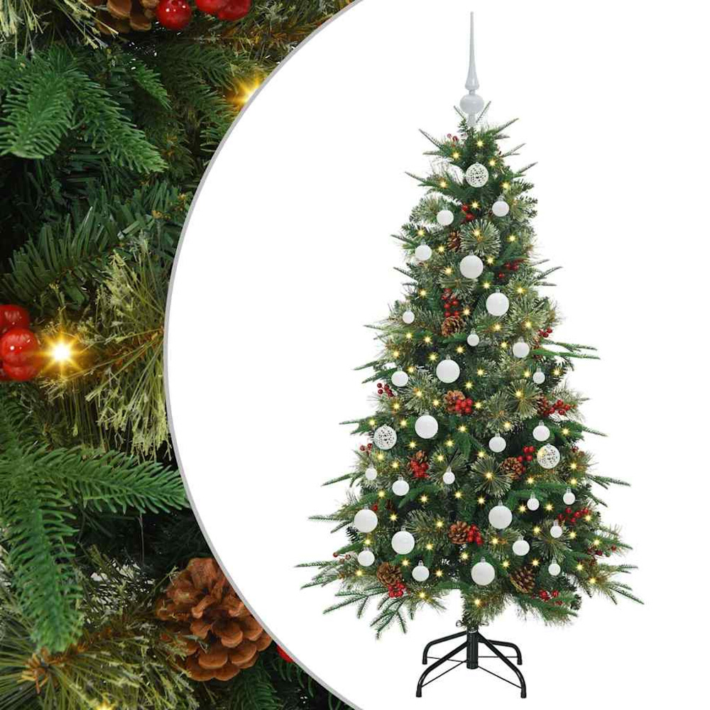 vidaXL Pre-Lit White Baubles Green Artificial Hinged Christmas Tree 5ft Image 2