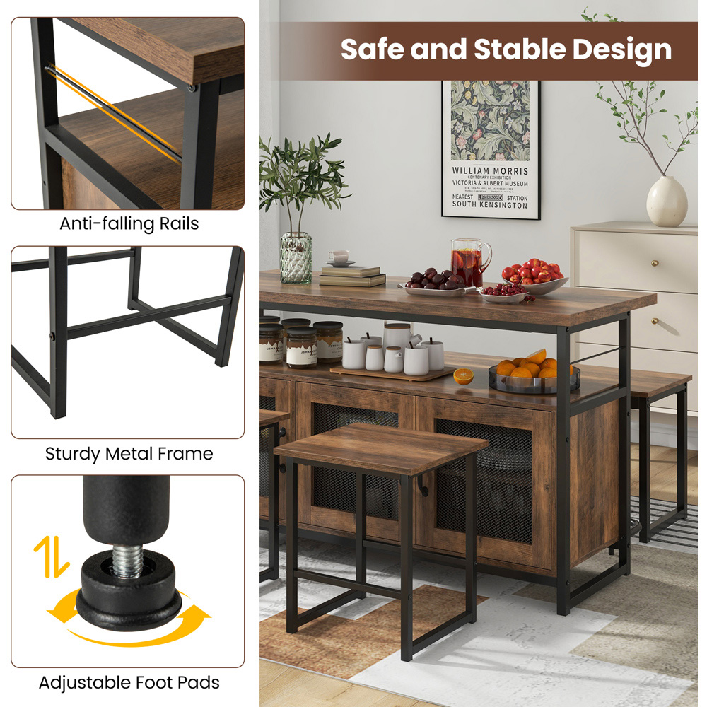 Costway 4 Seater 3 Door Brown Kitchen Island Dining Bench Set Image 4