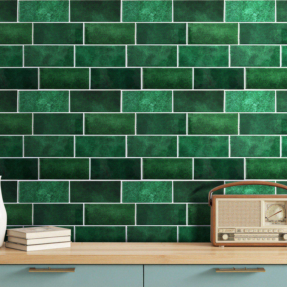 Living and Home Brick Effect Dark Green Rectangle Self Adhesive Wall Sticker 10 Pack Image 1