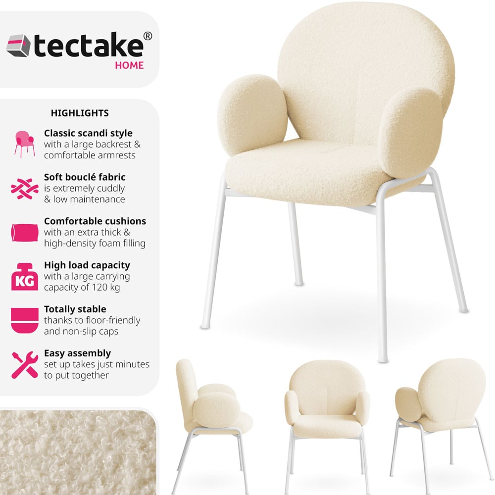 tectake Cream Boucle Padded Dining Chair Image 6
