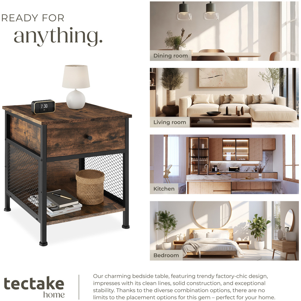 tectake Killarney Single Drawer Dark Industrial Wood Rustic Bedside Table Image 7