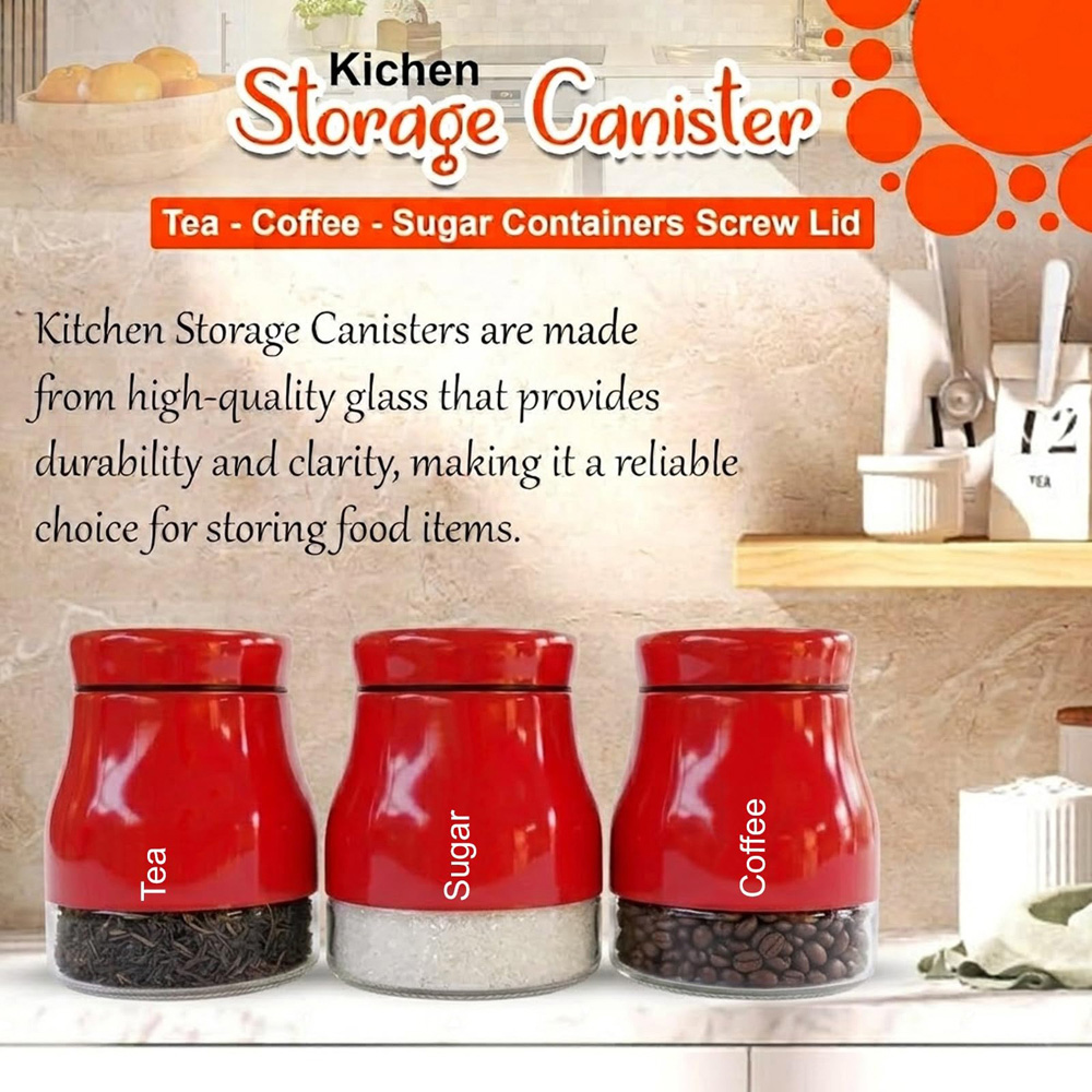ATEK 3 Piece Tea Coffee and Sugar Red Kitchen Canister Set Image 3