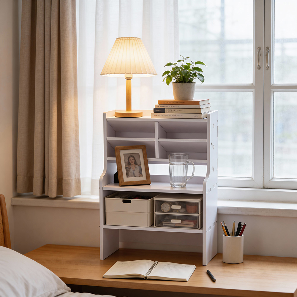 Living and Home 2 Shelf White Desktop Storage Shelf with Raised Base and Angled Compartments Image 7