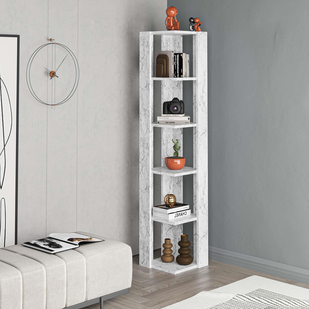 Decortie Nati 5 Shelf White Marble Effect Modern Corner Bookcase Image 4