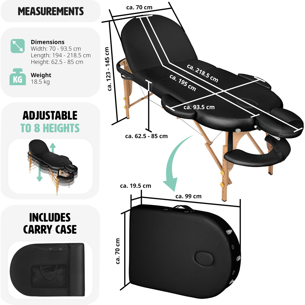 Massage Table Sawsan - oval, 3-zone bed with carry bag, head- and armrests - Black Image 9