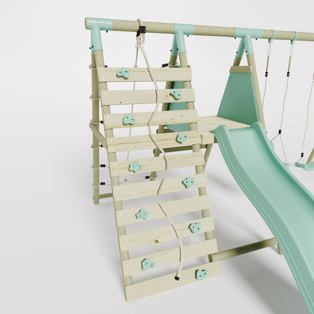 Mercia Wooden Round Pole Single Swing and Baby Seat Swing Set with Climbing Wall and Slide Image 6