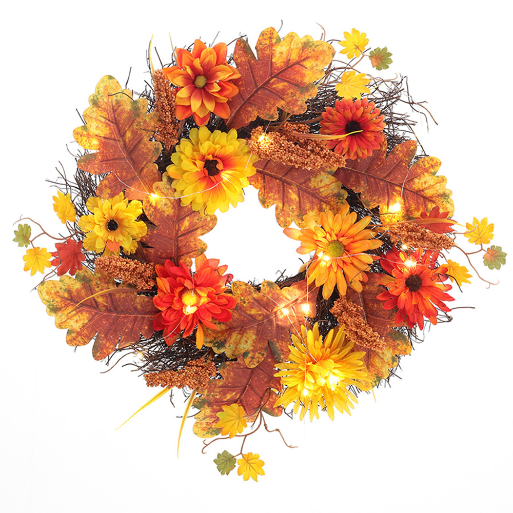 Living and Home LED Wreath with Maple Leaves Daisies and Sorghum 55cm Image 3