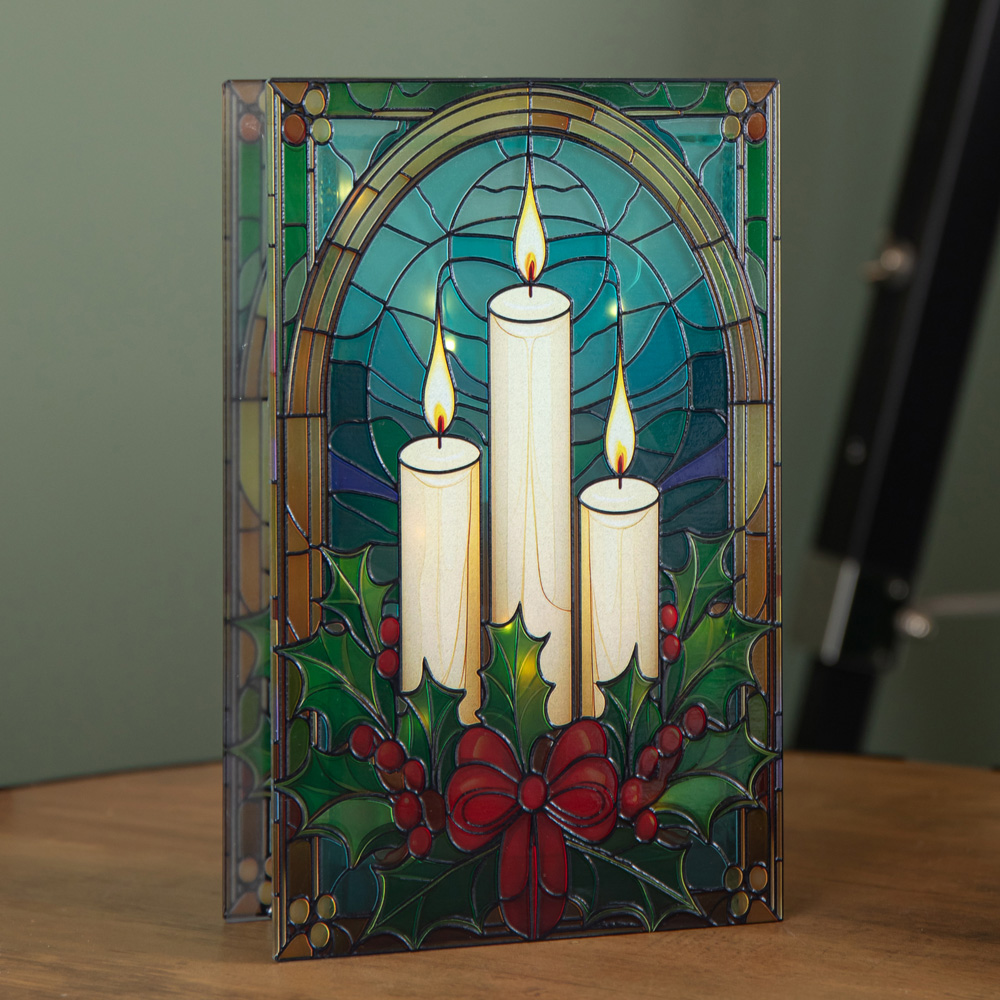 Samuel Alexander 50 Warm White LED Candles and Holly Light Up Stained Glass Decoration 21cm Image 6