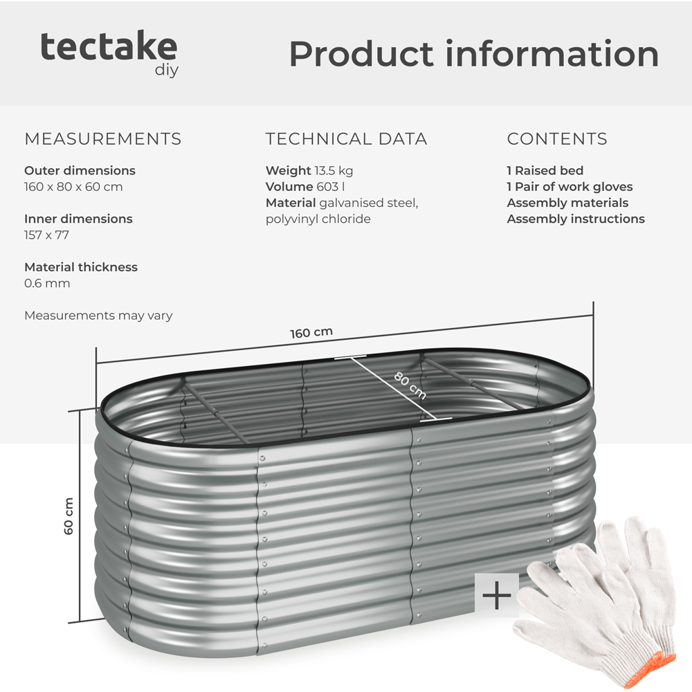 tectake Flora 160 x 80cm Silver Galvanised Steel Raised Garden Bed Image 9