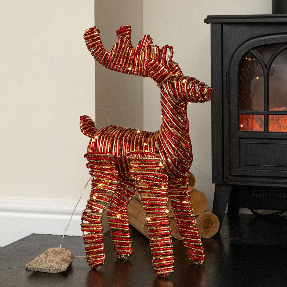 Samuel Alexander 50 Warm White LED Red and Gold Braid Reindeer Christmas Decoration 40cm Image 1