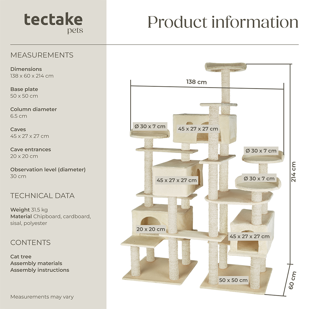 tectake Entissar Beige Cat Tree with Sisal Scratching Post and Anti-Tip Protection 214cm Image 8
