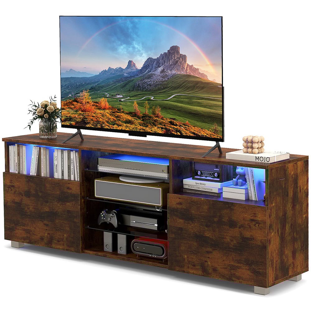 Costway 2 Door 6 Shelf Rustic Brown TV Unit with LED Image 2