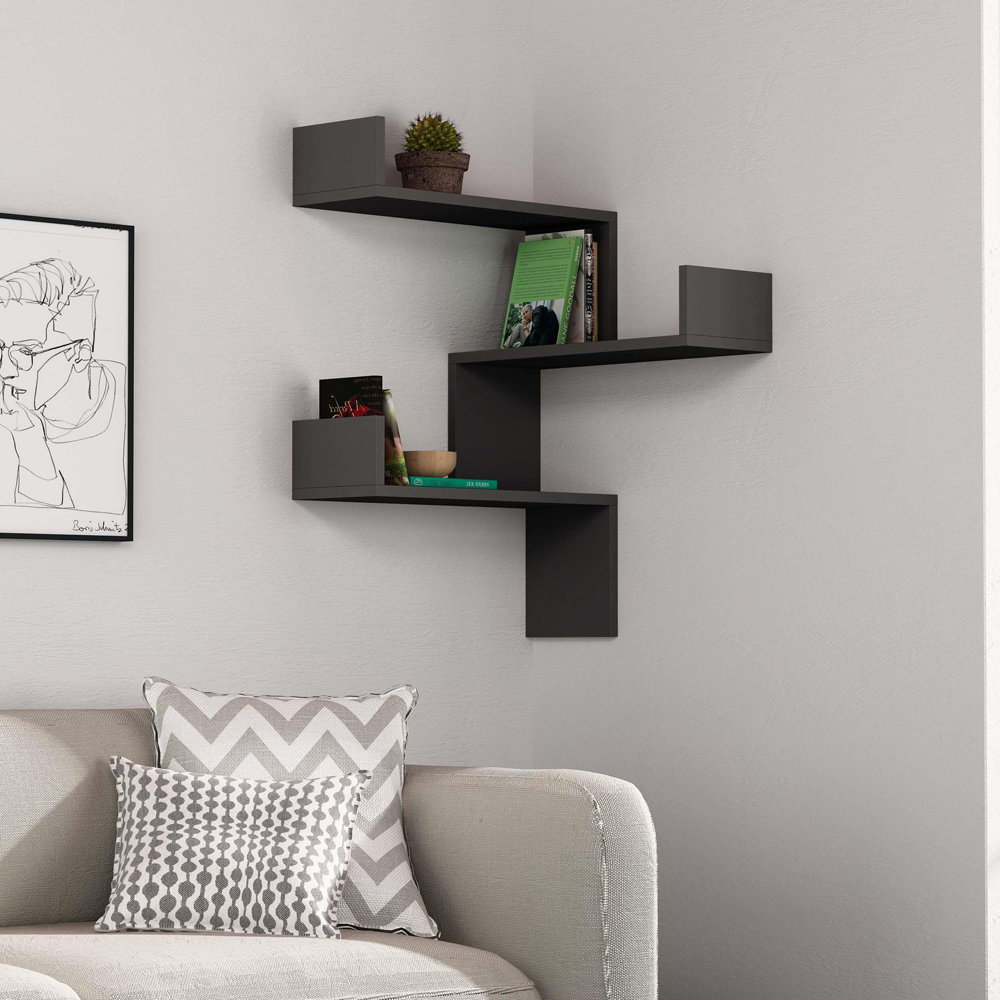 Decortie Luksa 3 Shelf Anthracite Modern Corner Wall Mounted Bookcase Image 4