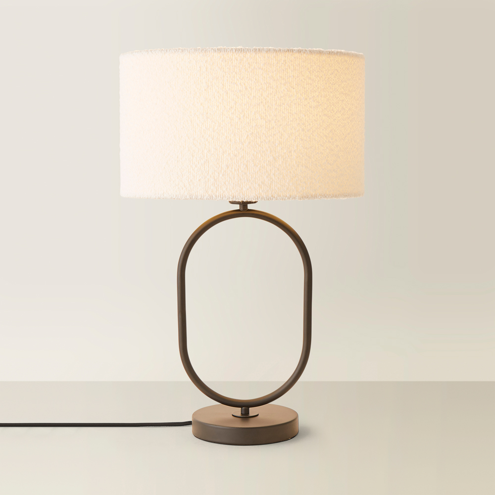 ValueLights Antonia Cream Boucle Drum Shade Matte Black Oval LED Table Lamp Image 5