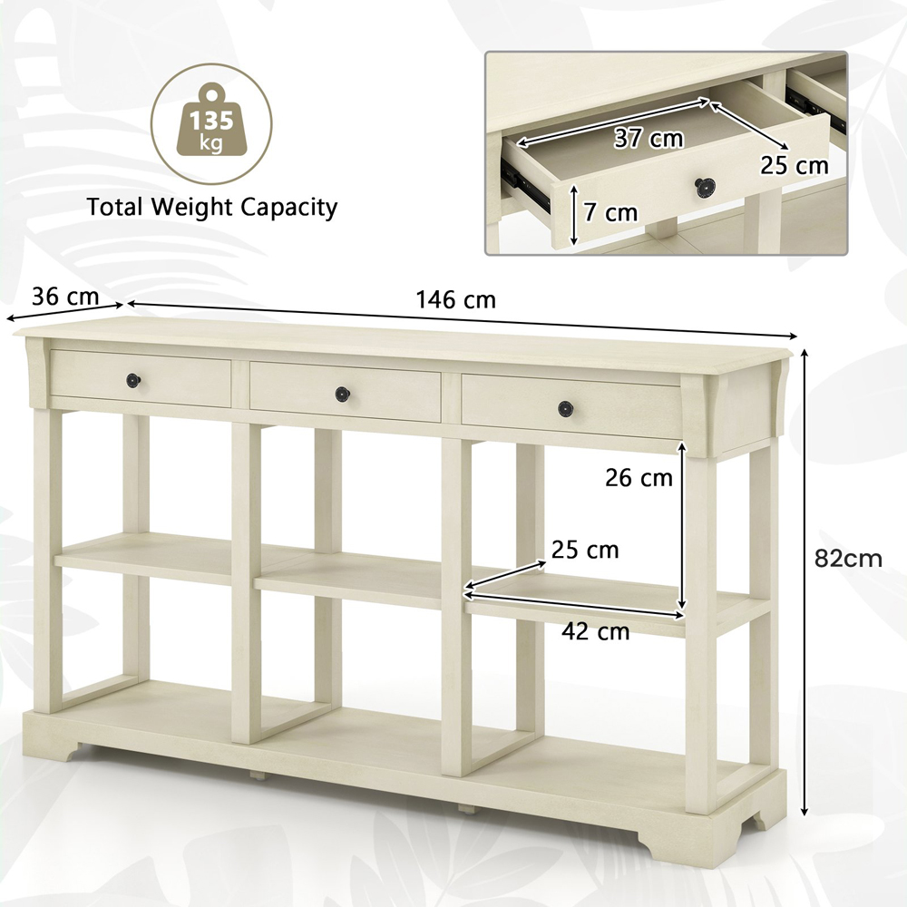 Costway 3 Drawer Open Shelf White Retro Console Table Image 9
