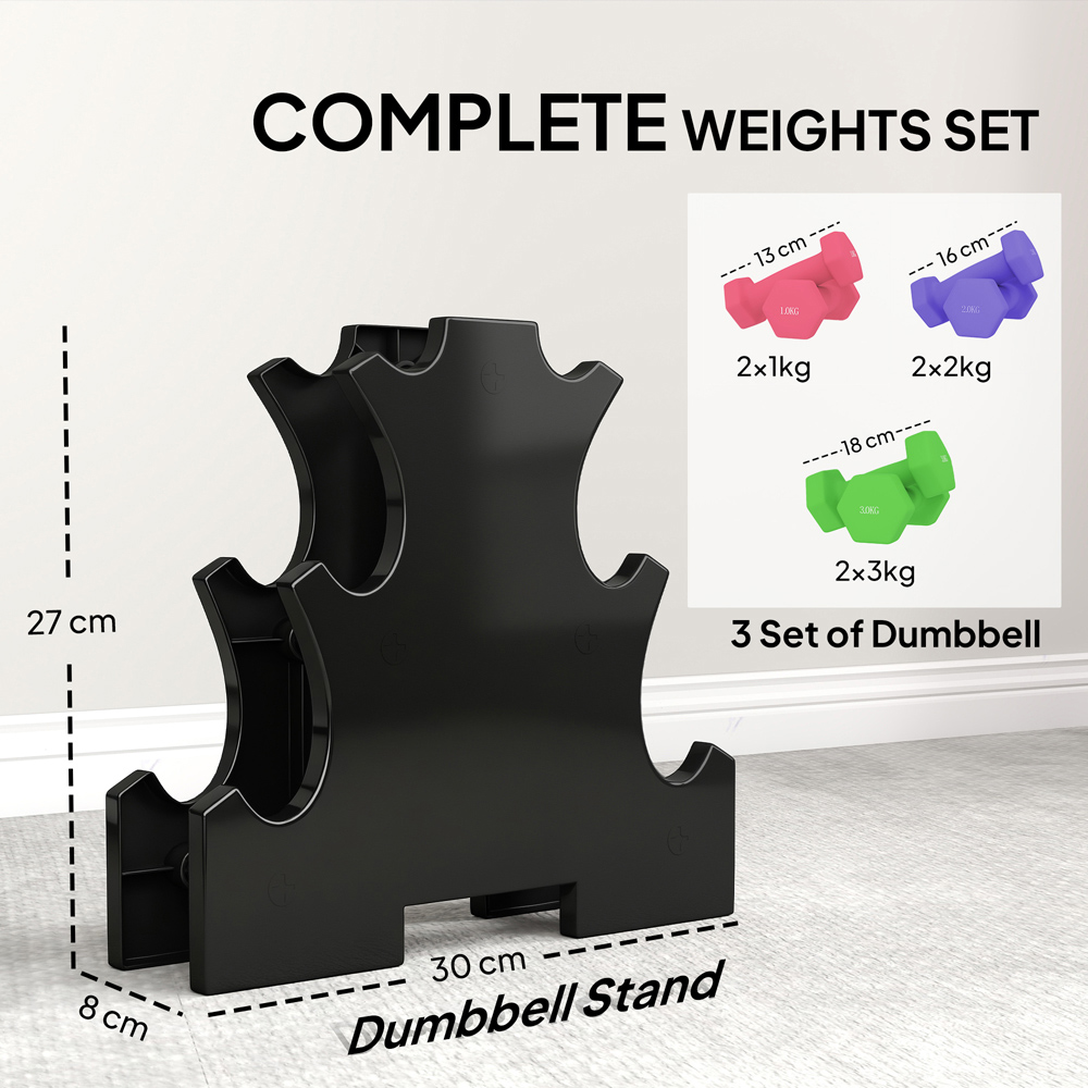 SPORTNOW Multicolour Hex Dumbbell Set with Rack 12kg 6 Pack Image 3
