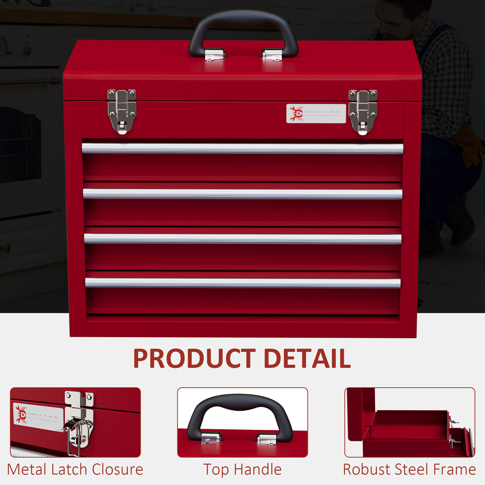 Durhand 4 Drawer Red Lockable Metal Tool Chest Image 4