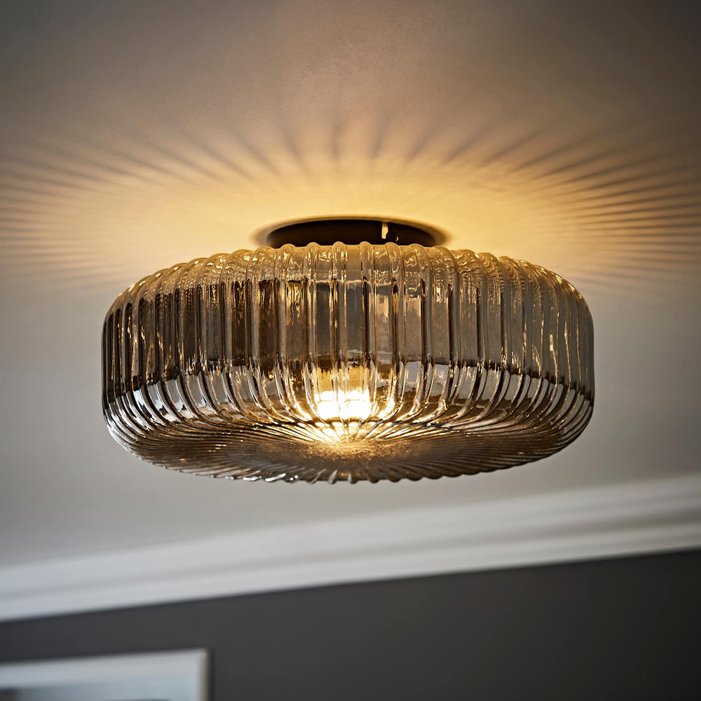 ValueLights Calpe Ribbed Smoked Shade Large Matte Black Flush Ceiling Light with Bulb Image 6