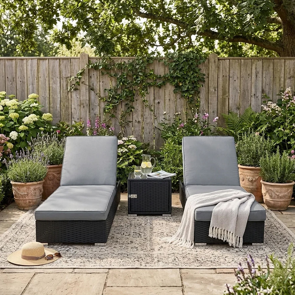 MonsterShop Set of 2 Black and Grey Adjustable Sun Loungers with Cushions and Side Table Image 1