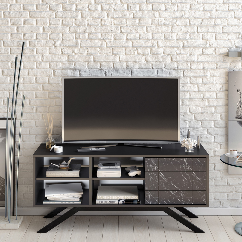 Decorotika North Single Door 4 Shelf Black Marble Effect TV Unit Image 4